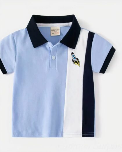Polo de rugby bleu ciel rayures verticales en coton pour garçon de 2 à 6 ans