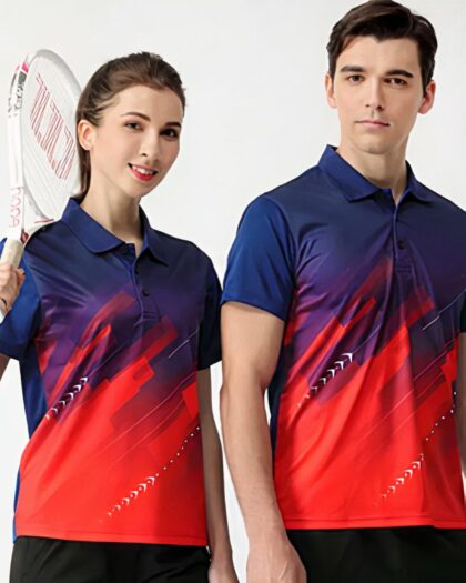 On voit un homme et une femme portant des polos de tennis sur un fond blanc.