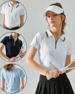 Femme portant un polo blanc et tenant une raquette de tennis. On voit également les autres déclinaisons de couleurs.