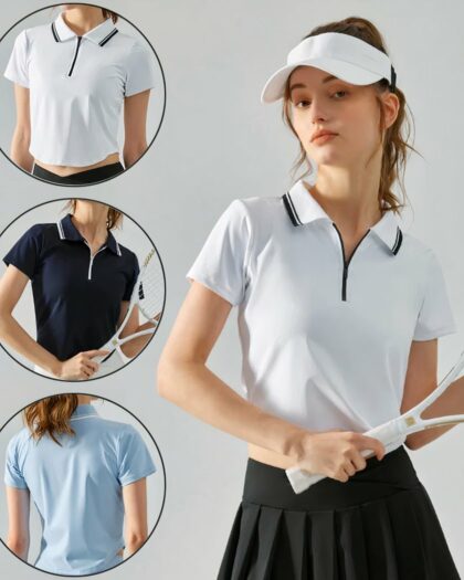 Femme portant un polo blanc et tenant une raquette de tennis. On voit également les autres déclinaisons de couleurs.