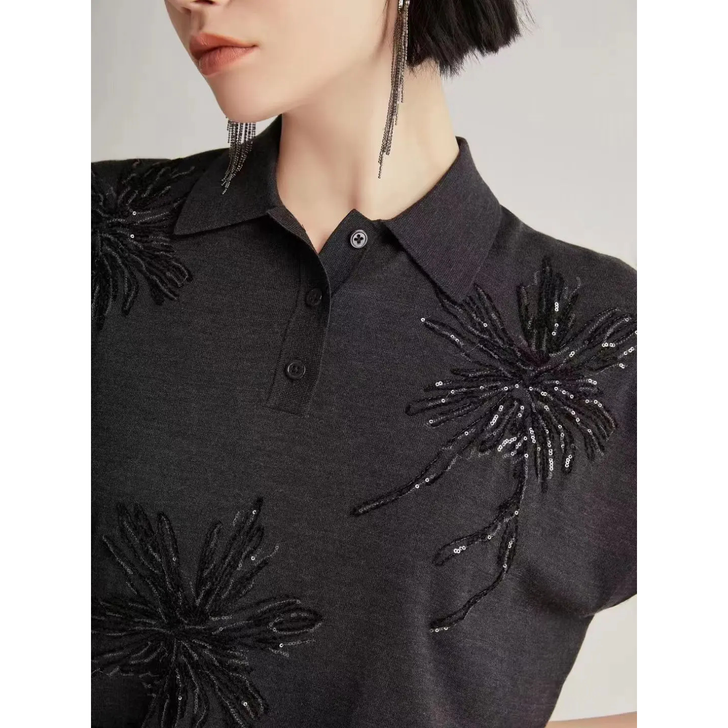 Polo Femme Chic Brode Strass Noir S 2