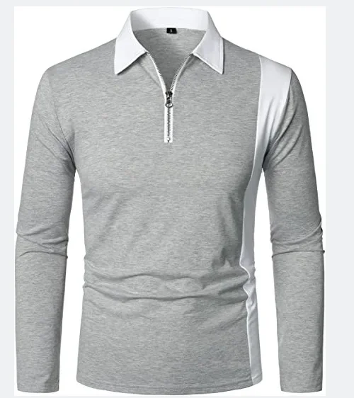 Polo Zippe A Manches Longues Pour Homme Col Et Bande Blancs Gris Clair Xxxl