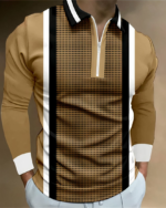 Photo d'un homme portant un polo zippé à manches longues imprimé avec les mains dans les poches d'un jogging