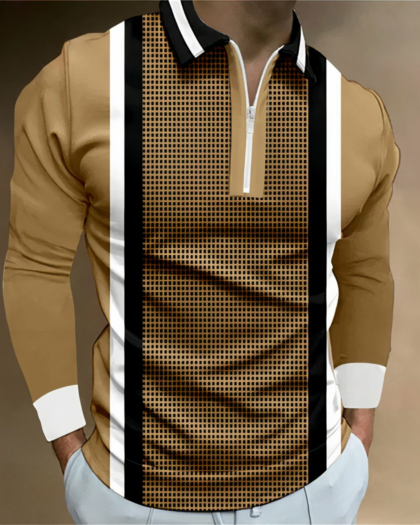 Photo d'un homme portant un polo zippé à manches longues imprimé avec les mains dans les poches d'un jogging