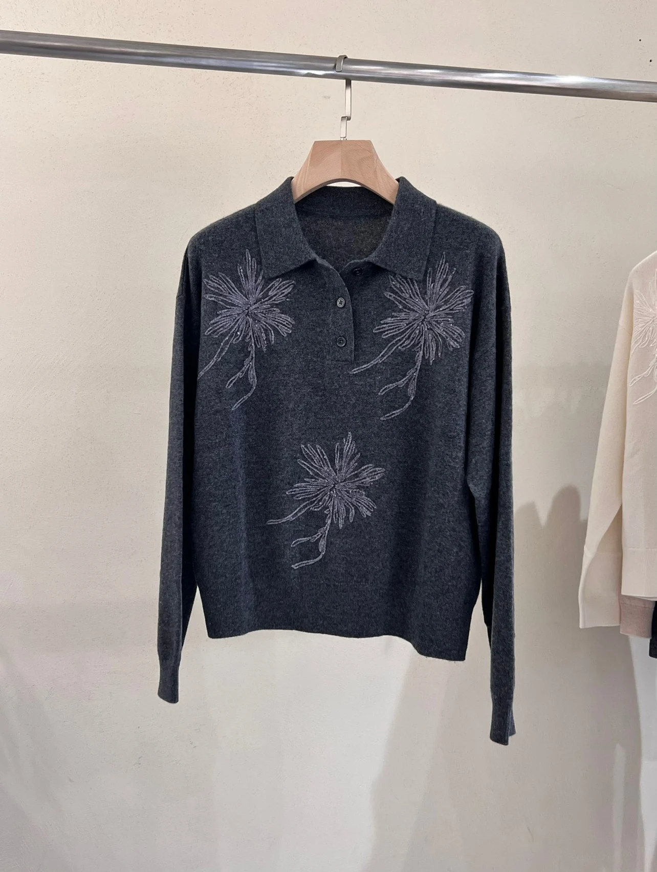 Pull Polo Femme Cachemire Broderie Paillettes