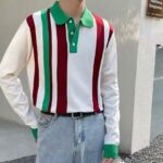 Polo vintage rayé à manches longues porté par un homme avec un jean