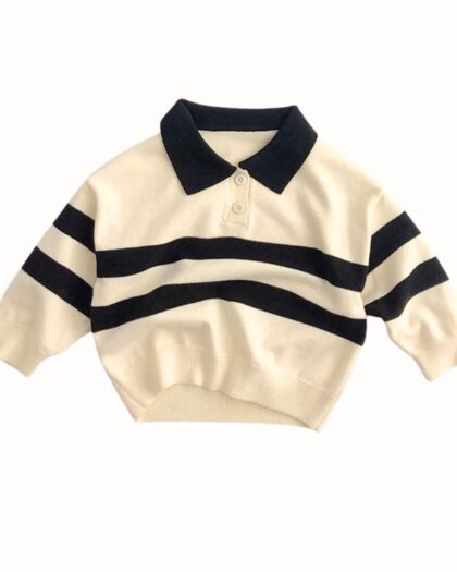 Polo à manches longues pour bébé, beige avec rayures et col noir, sur fond blanc