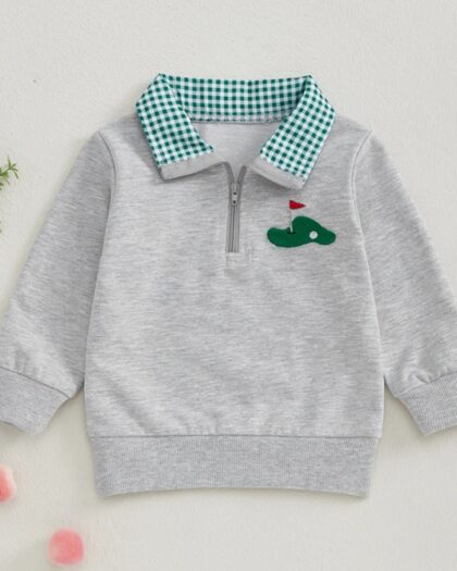 Pull polo à manche longue pour bébé, gris avec un col vichy vert et une broderie représentant un Green de golf.